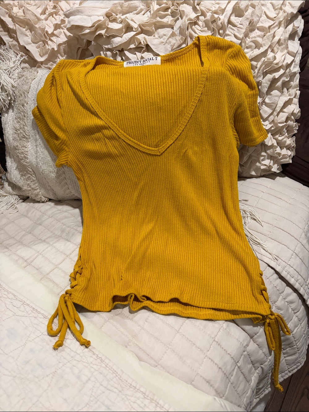 Project Social T Mustard Yellow Ribbed V-Neck Short Sleeve Top with Side Ties